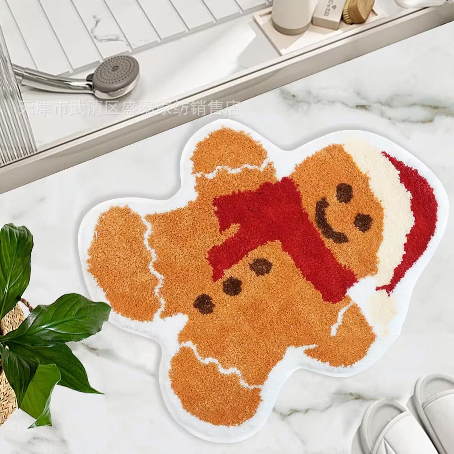 Gingerbread man-shaped rug on a marble floor with a sink in the background