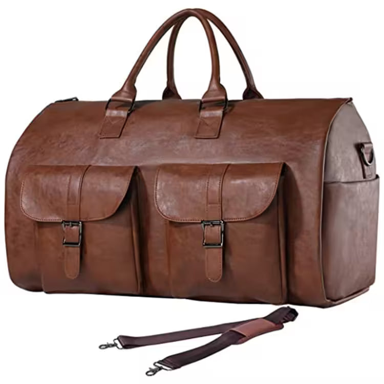 Brown leather duffel bag with a strap on a white background