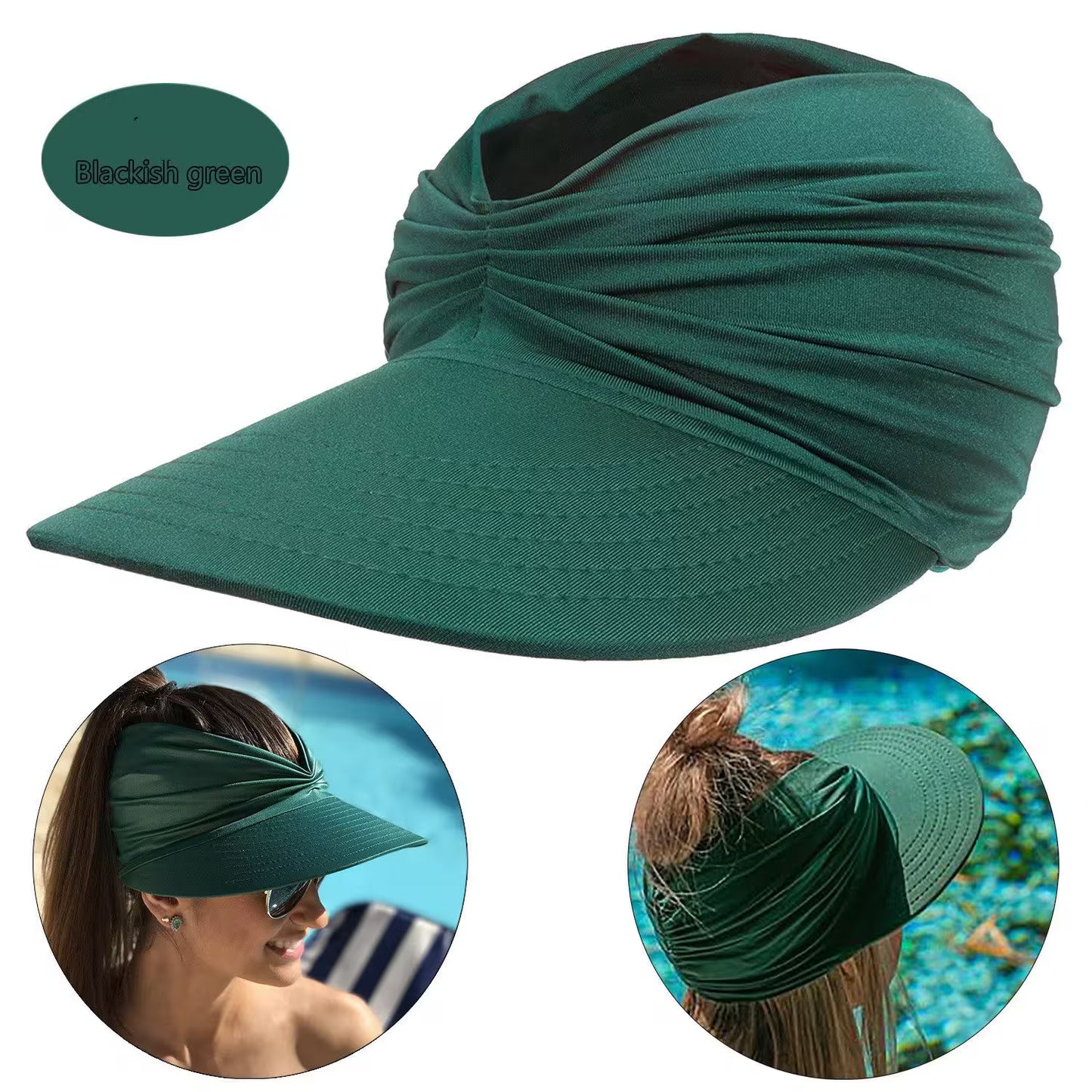 Green visor cap with a close-up of a person wearing it and another view of the cap on a surface.