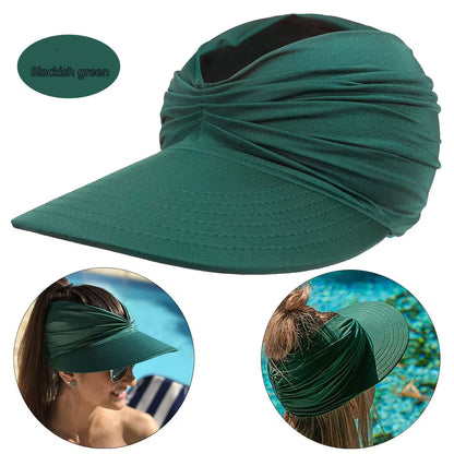 Green visor cap with a close-up of a person wearing it and another view of the cap on a surface.
