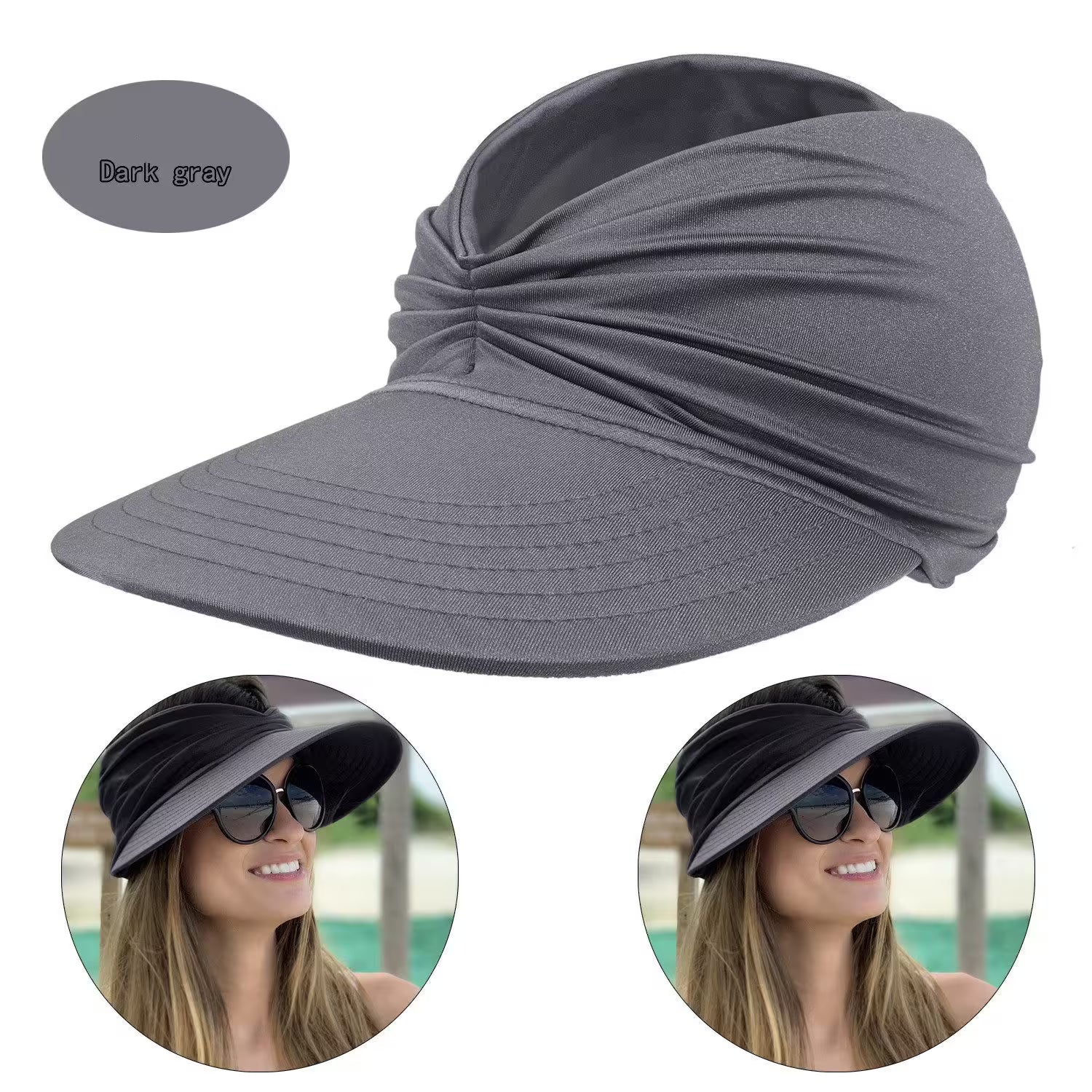 Dark gray sun visor cap with two inset images of a woman wearing it.