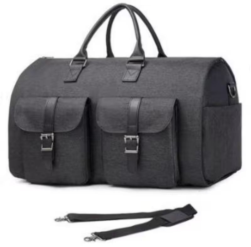Gray duffel bag with multiple pockets and a strap on a white background