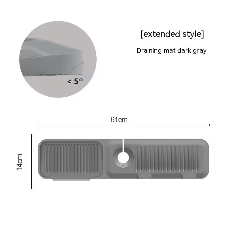 Dark gray draining mat with measurements and angles on a white background