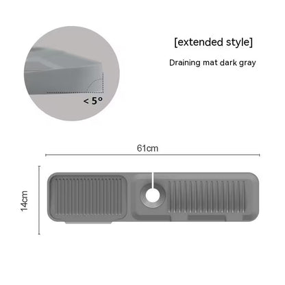 Dark gray draining mat with measurements and angles on a white background