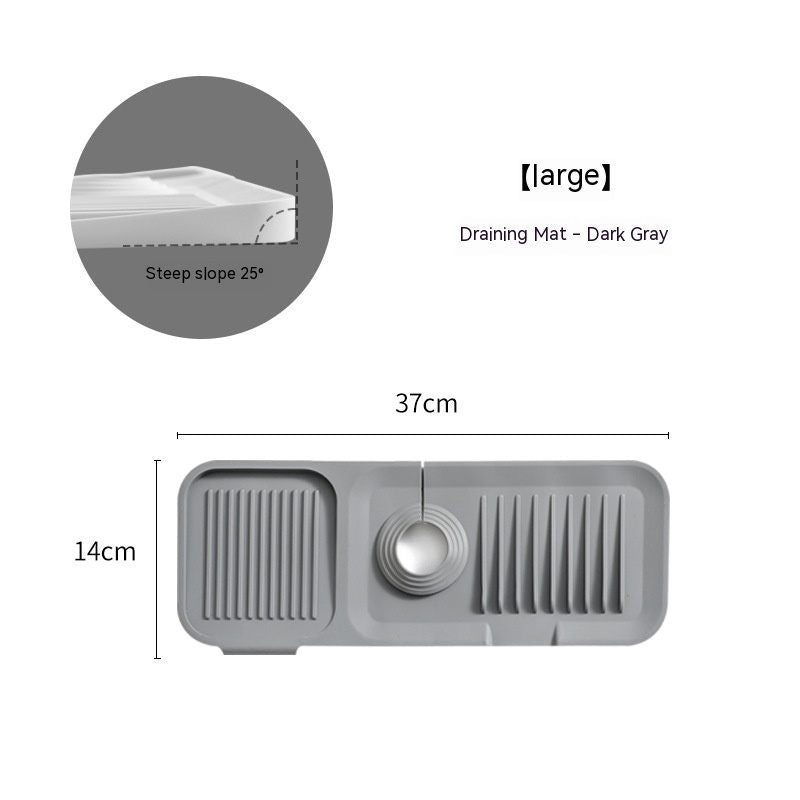 Dark gray draining mat with dimensions and slope angle on a white background