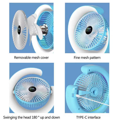 Portable fan with features highlighted on a blue background