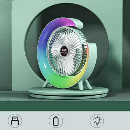 Colorful portable fan with gradient design on a green background