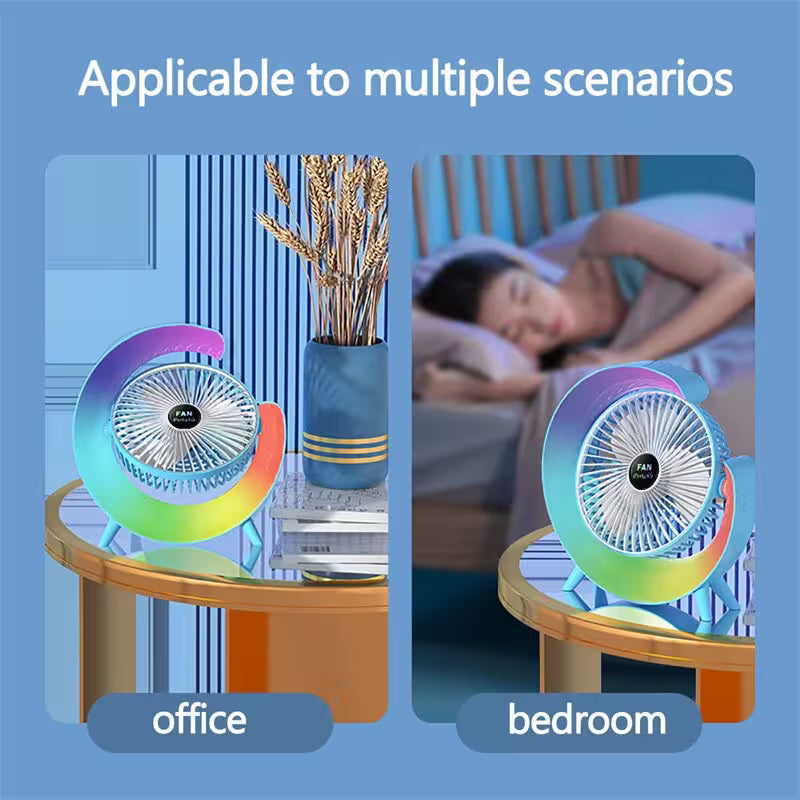 Multicolored fan on a table with text 'Applicable to multiple scenarios' and labels 'office' and 'bedroom'.