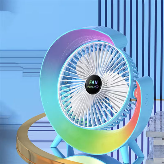 Colorful portable fan with gradient design on a blue background