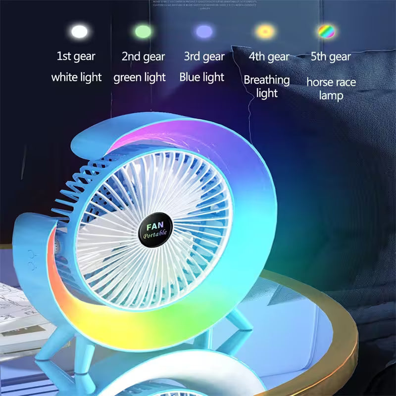 Colorful portable fan with LED lights on a dark background