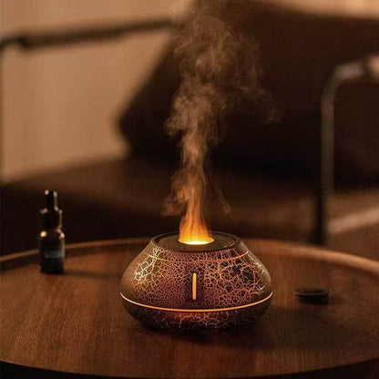 Aromatherapy diffuser with steam rising on a wooden surface