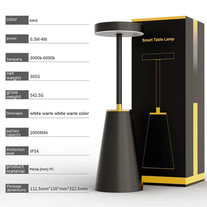 Black smart table lamp with packaging on a white background