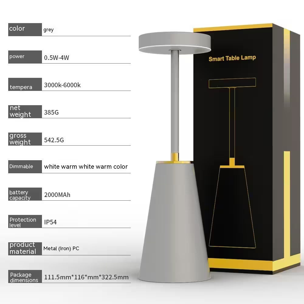 Smart table lamp with packaging and specifications on a white background