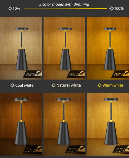 Lamp with three color modes (cool white, natural white, warm white) on a wooden background.