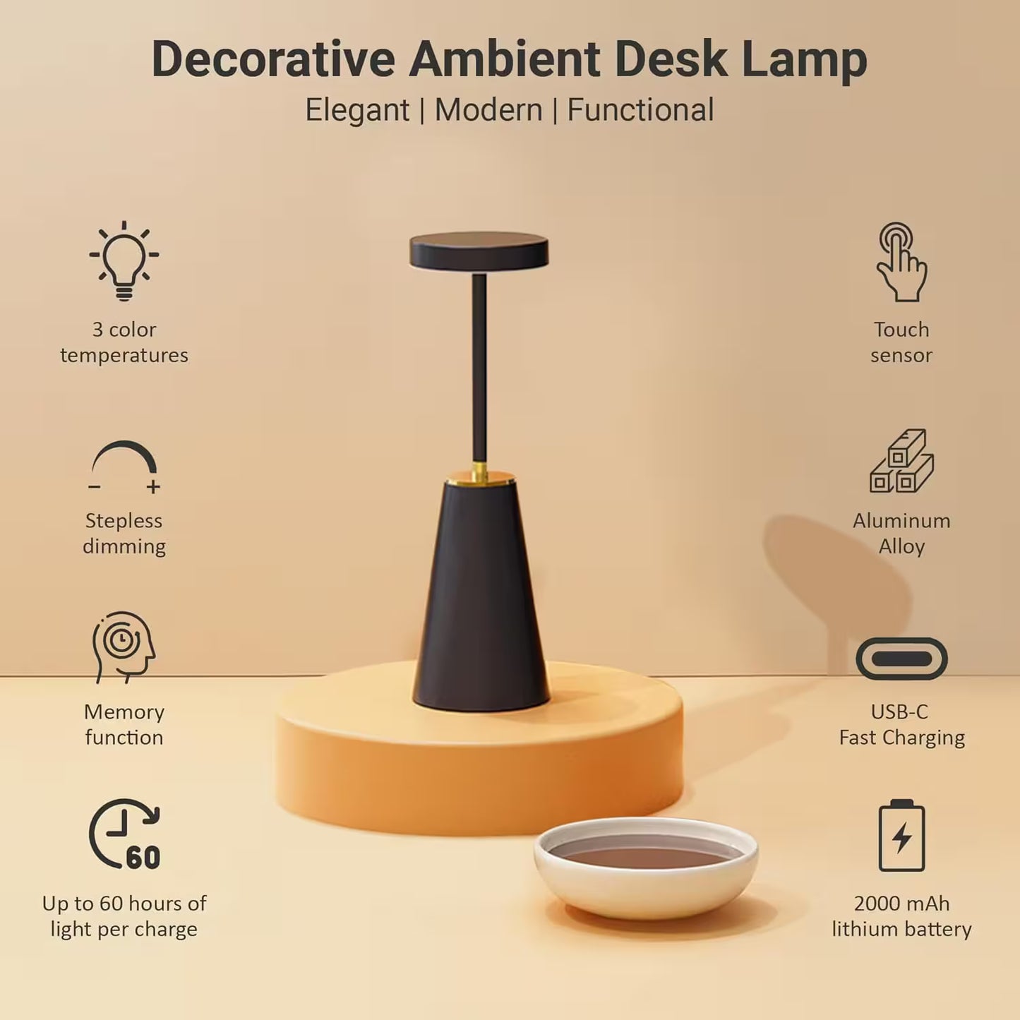 Decorative ambient desk lamp with features listed on a beige background