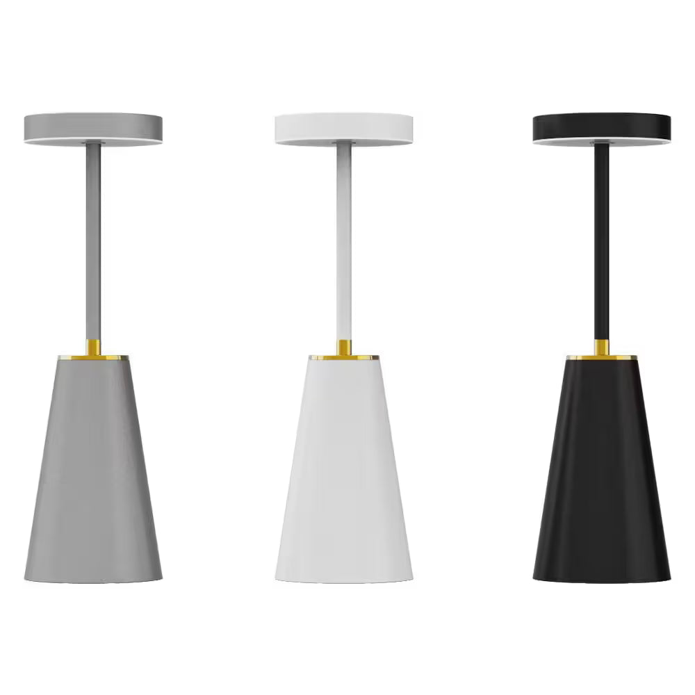 Three pendant lights in gray, white, and black with gold accents on a white background