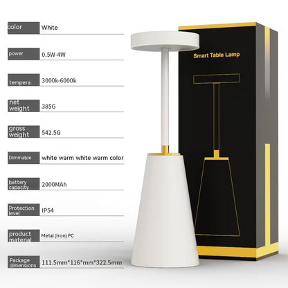 White smart table lamp with packaging and specifications on a white background