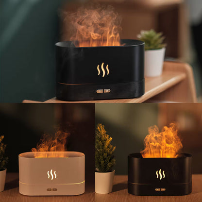 Black and beige cylindrical devices with flame effect on a wooden surface.