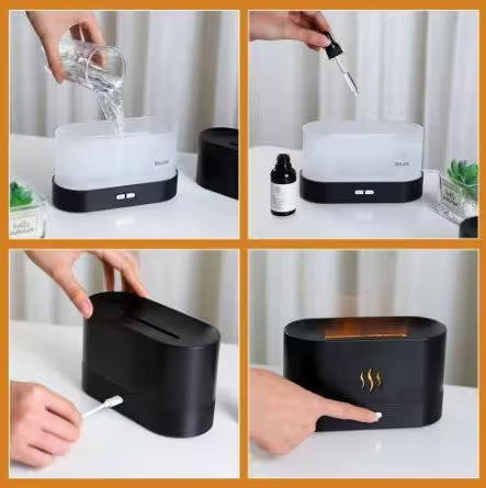 Collage of a black humidifier being used with various actions on a white background.