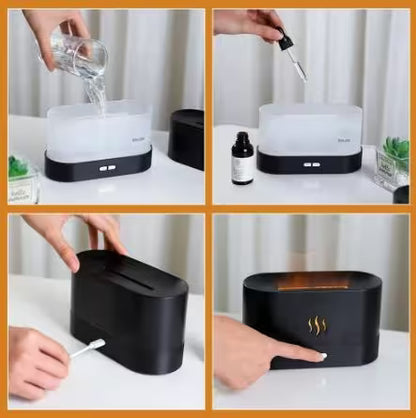 Collage of a black humidifier being used with various actions on a white background.