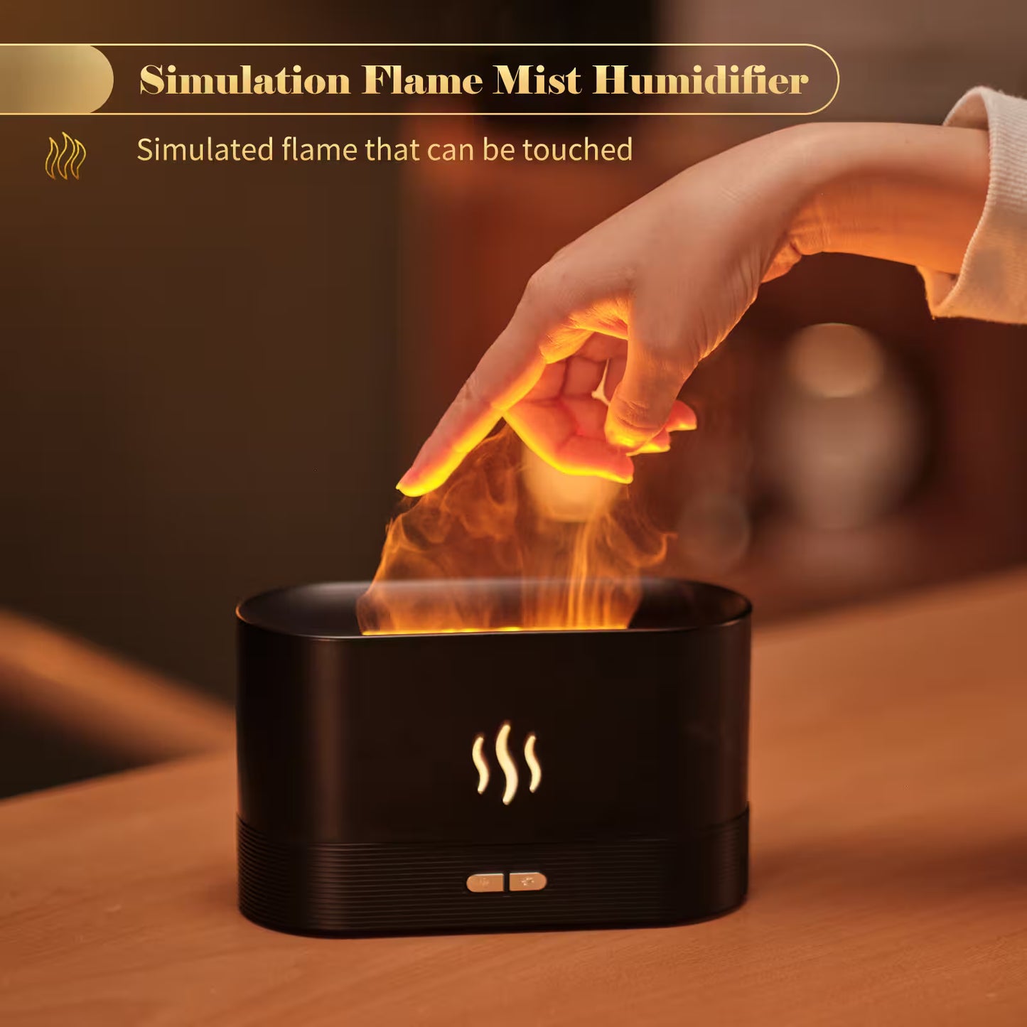 Simulation flame mist humidifier with a hand touching the 'flame', on a wooden surface.