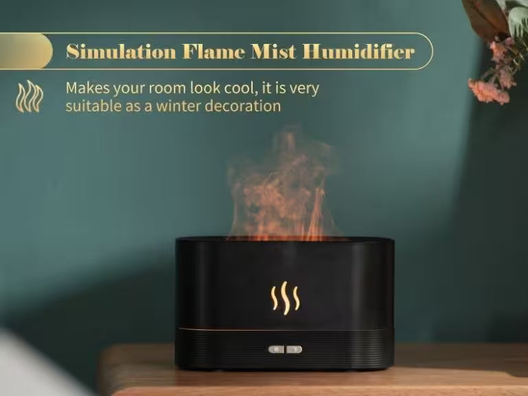 Simulation flame mist humidifier on a wooden surface with a green wall background