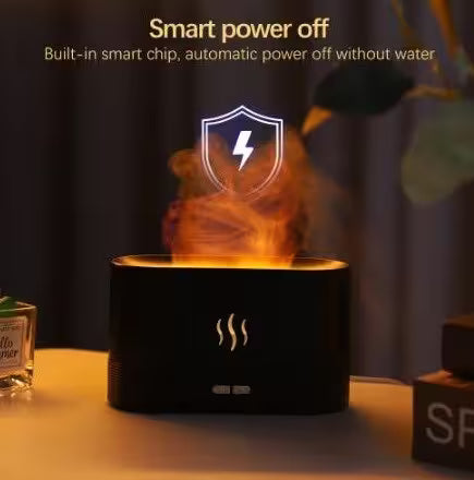 Black diffuser with steam rising, featuring a built-in smart chip for automatic power off.
