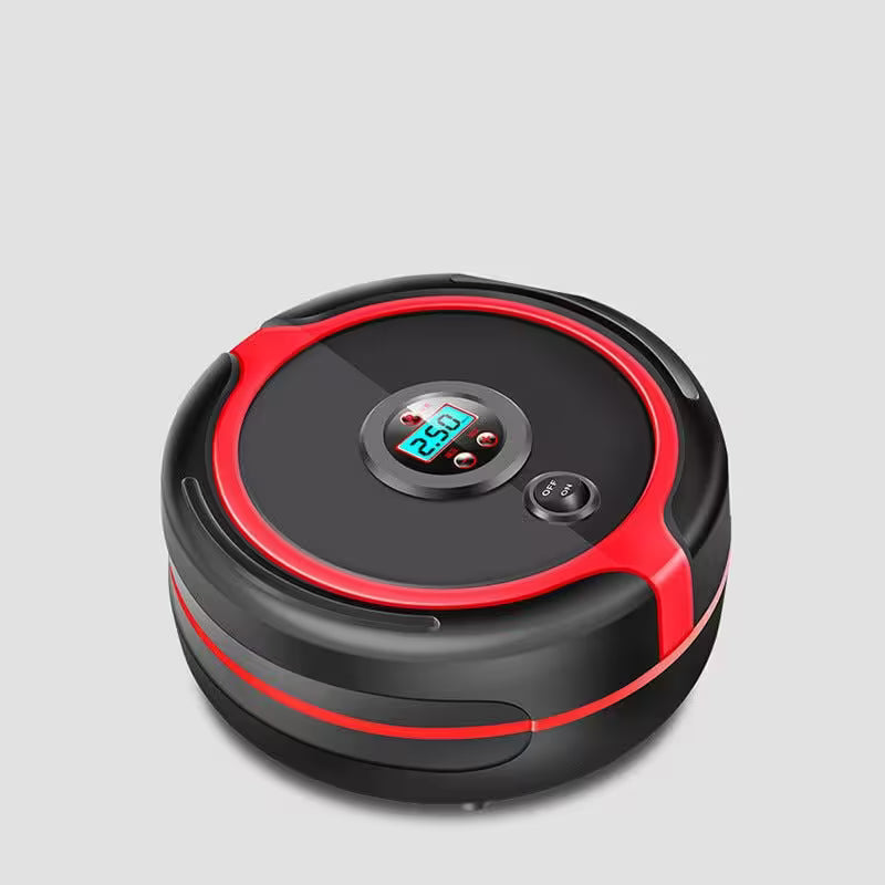 Robotic vacuum cleaner with red accents on a gray background