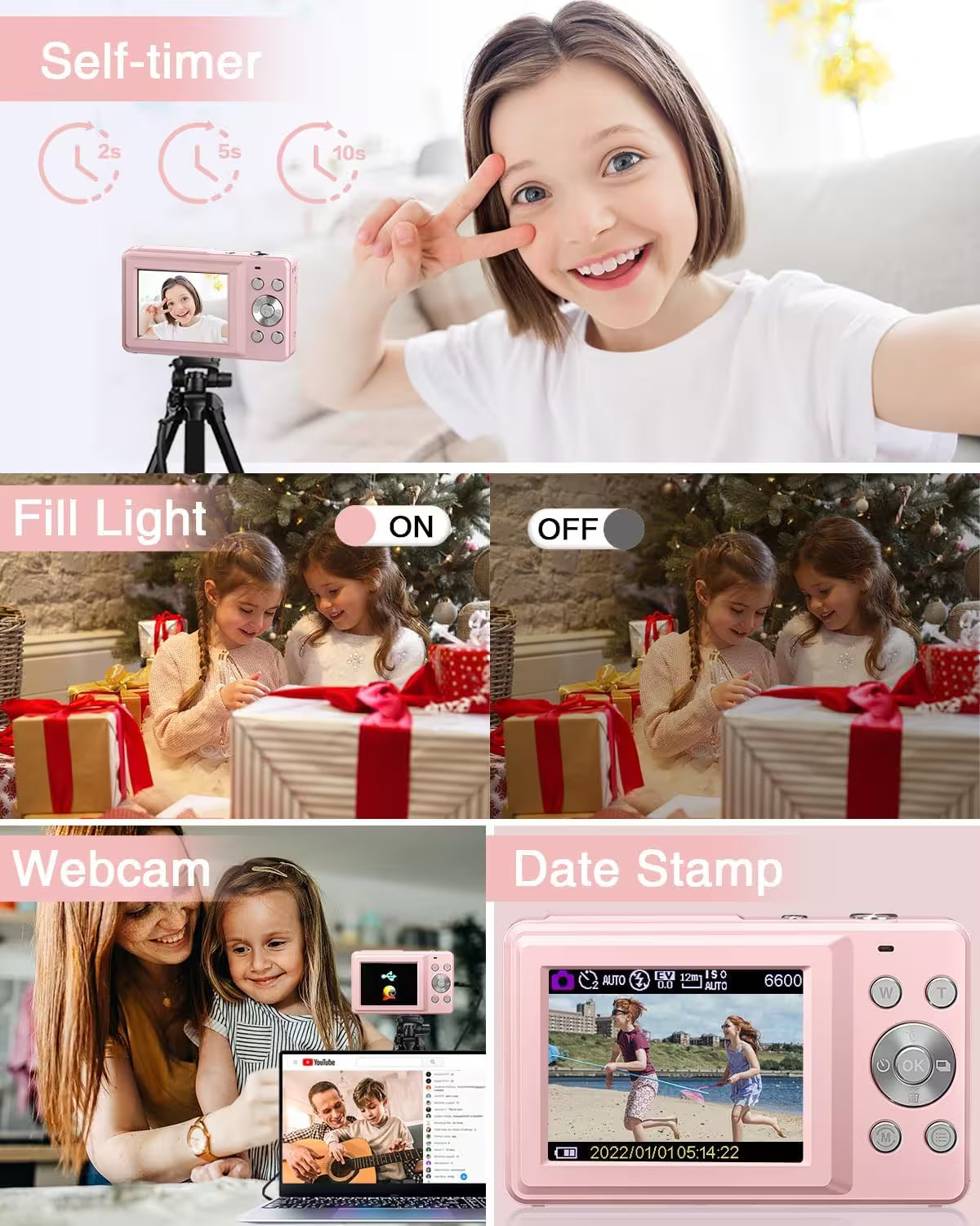 Pink digital camera with features like self-timer, fill light, webcam, and date stamp displayed on screen.