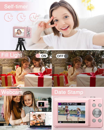 Pink digital camera with features like self-timer, fill light, webcam, and date stamp displayed on screen.