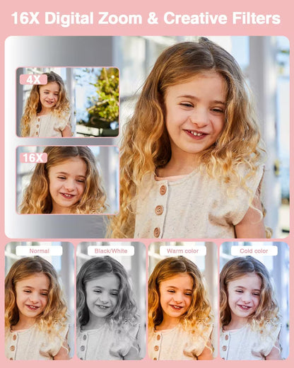 Collage of a young girl with digital zoom and creative filter options on a pink background.