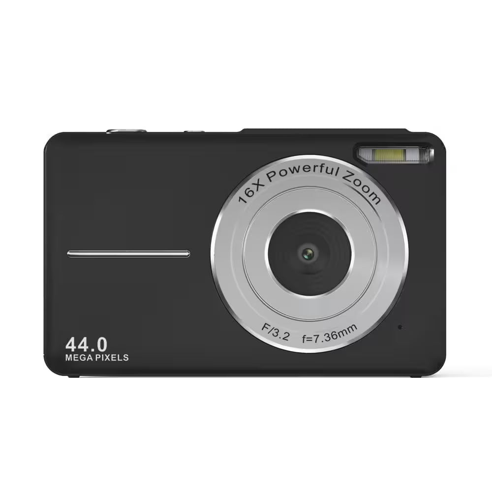 Black digital camera with silver zoom lens on a white background