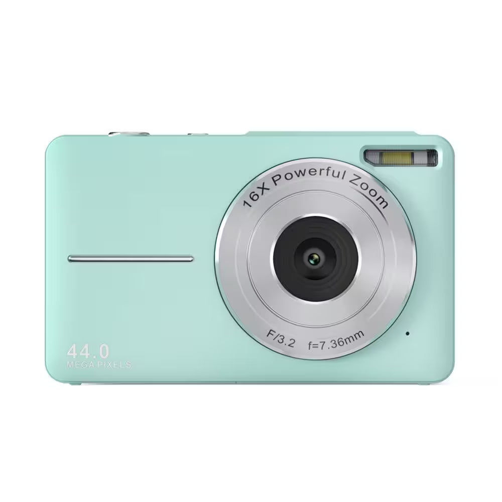 Mint green digital camera with silver zoom lens on a white background