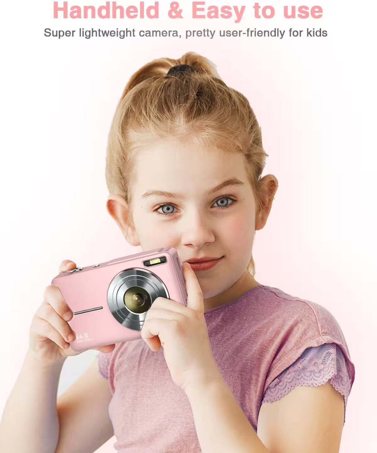 Young girl holding a pink camera with text about its ease of use for kids