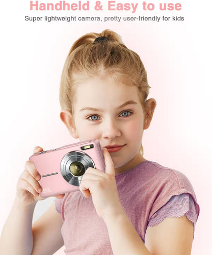 Young girl holding a pink camera with text about its ease of use for kids