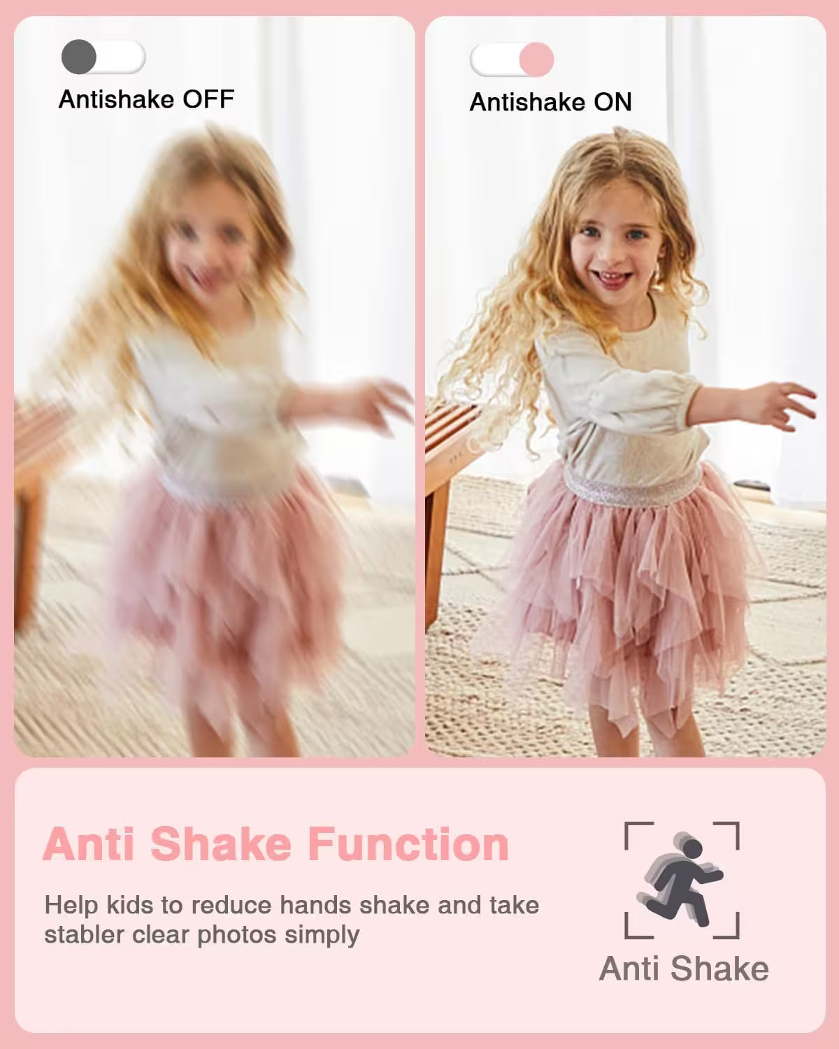 Comparison of a child dancing with and without anti-shake function on a pink background.
