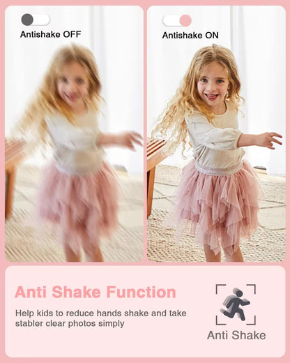 Comparison of a child dancing with and without anti-shake function on a pink background.