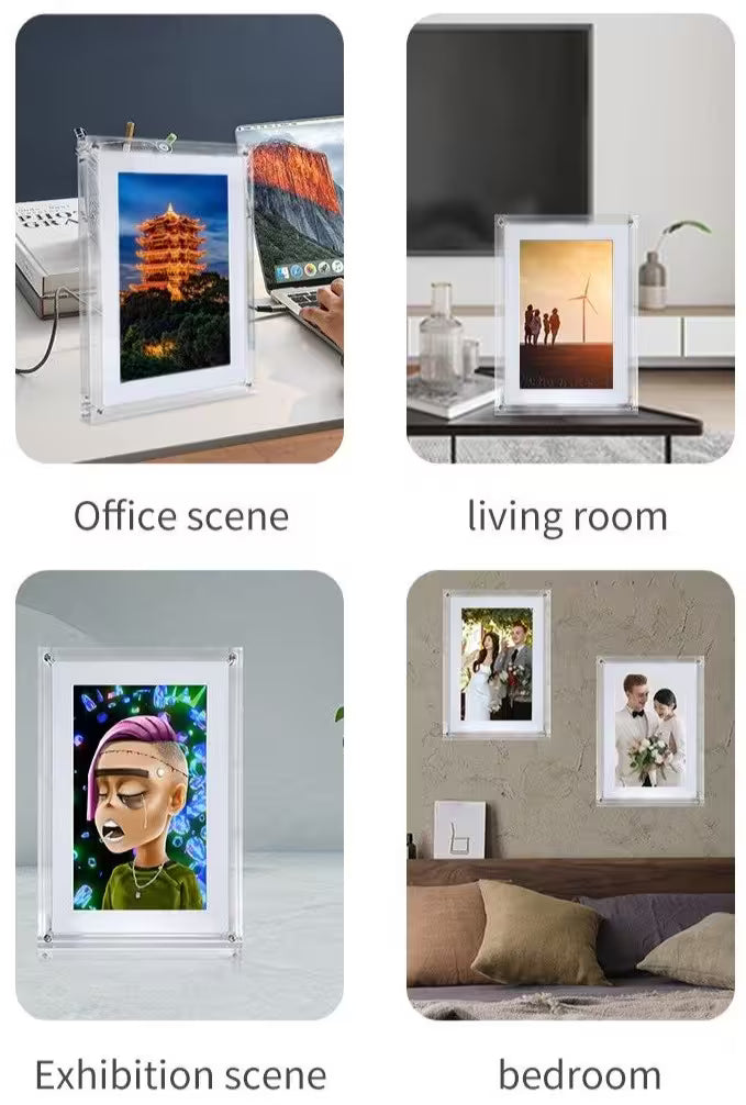 Collage of a photo frame in different settings: office, living room, exhibition, and bedroom.