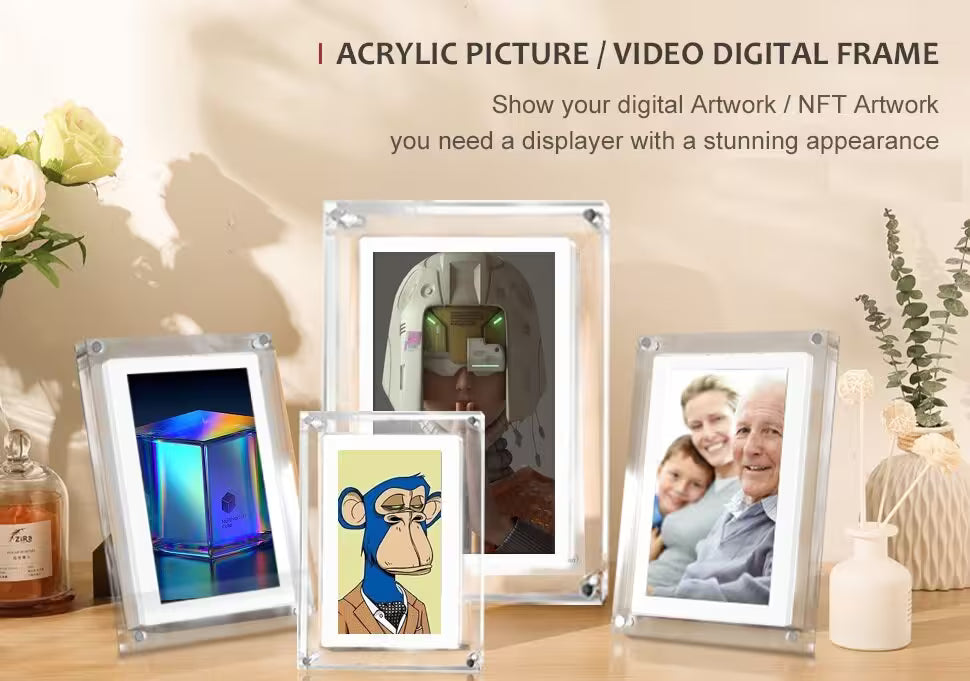 Acrylic picture/video digital frames displaying various artworks on a table.