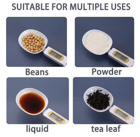 Digital kitchen scale measuring beans, powder, liquid, and tea leaves with text 'Suitable for multiple uses'.