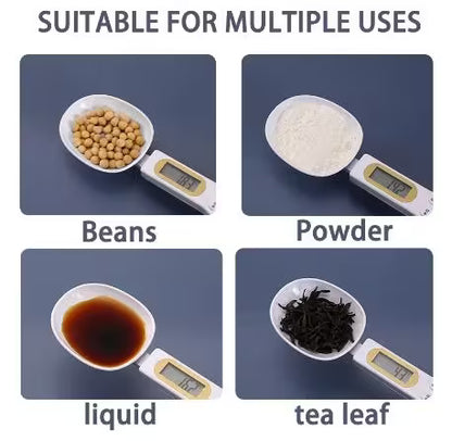 Digital kitchen scale measuring beans, powder, liquid, and tea leaves with text 'Suitable for multiple uses'.