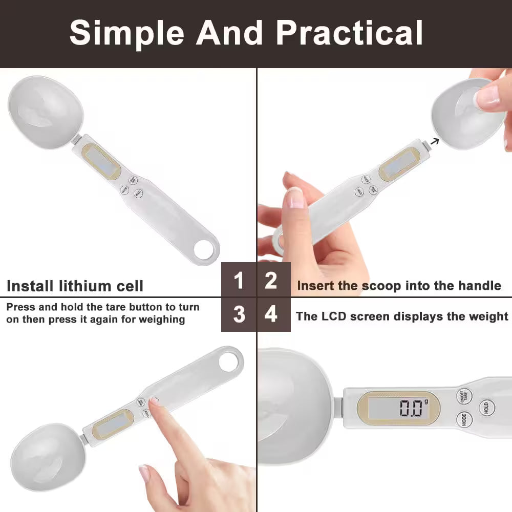 Digital measuring spoon with step-by-step instructions on how to use it.