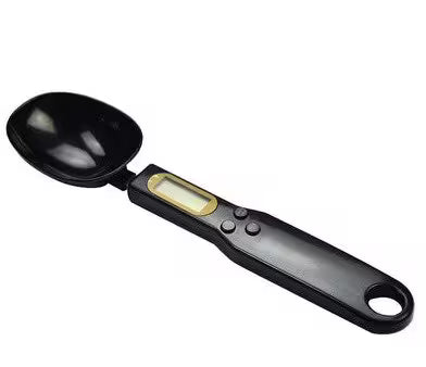 Black measuring spoon with digital display on a white background