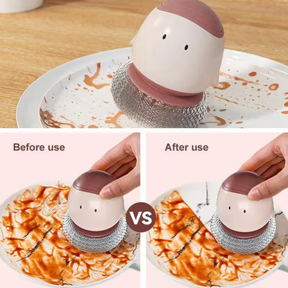 Before and after use of a kitchen cleaning tool on a plate with food residue.