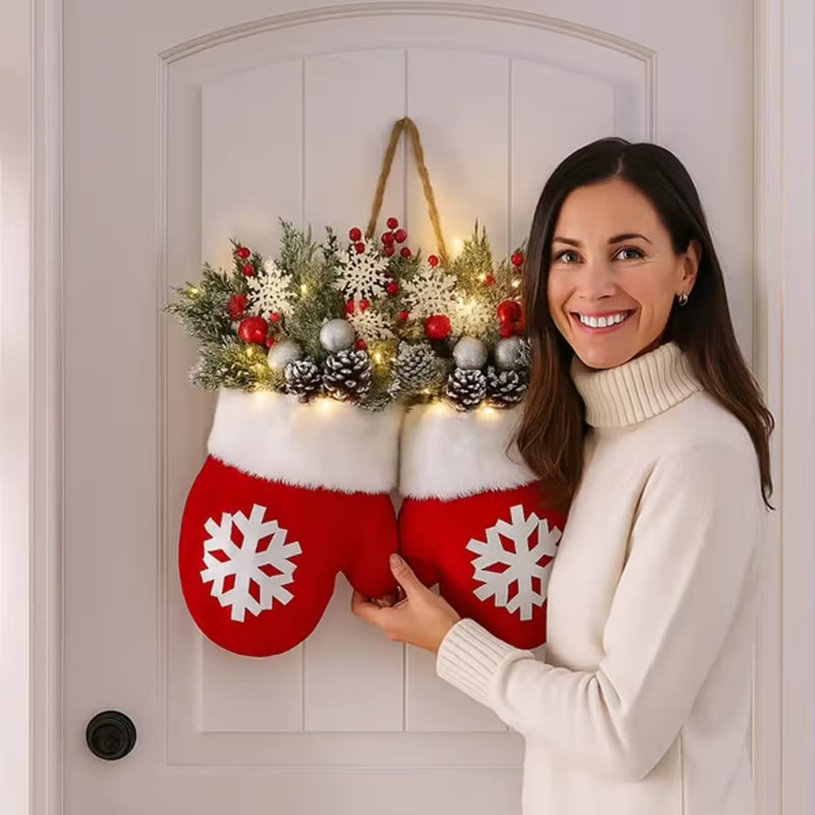 Woman holding a decorative pair of red mittens with white snowflakes against a white door.