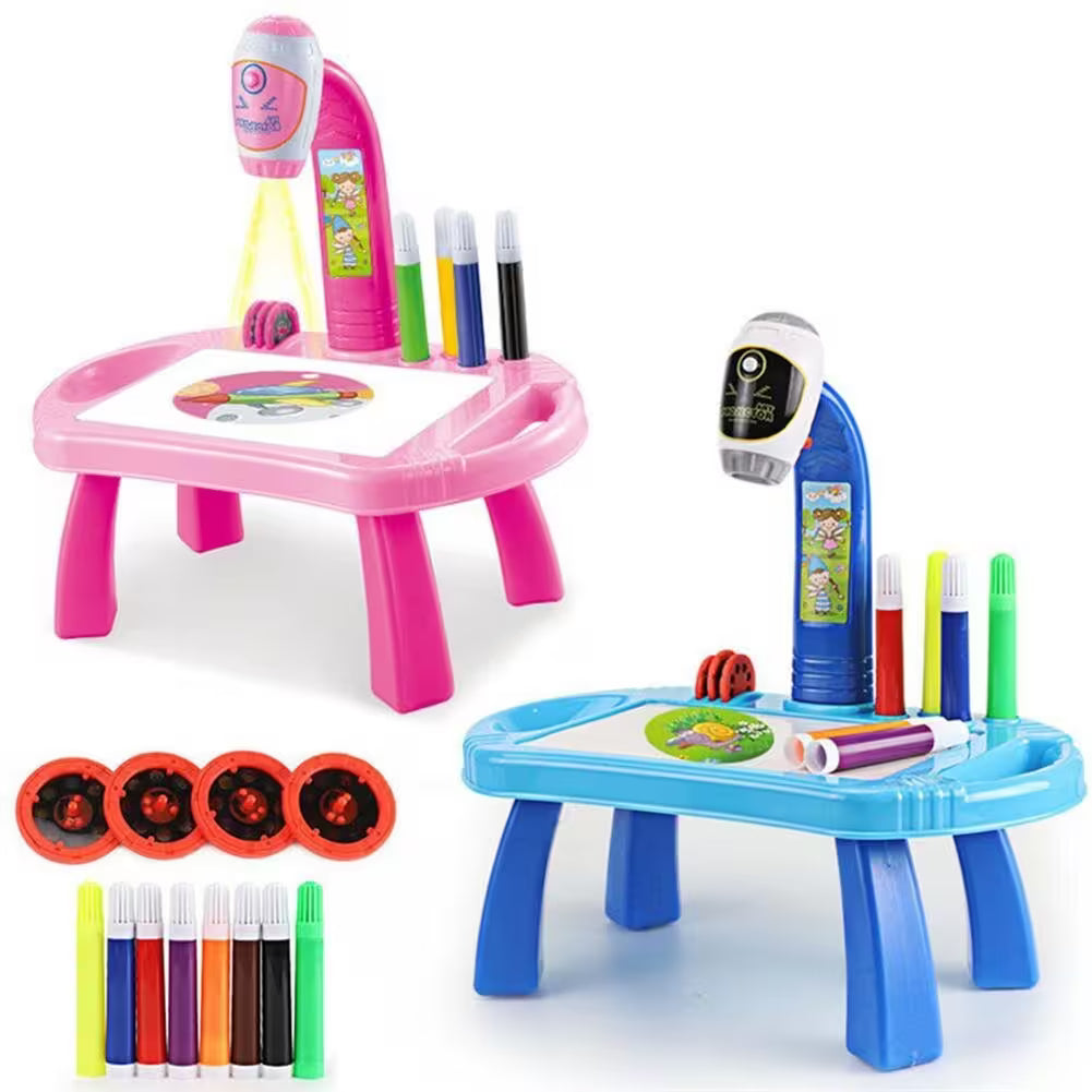Children's art desk set with markers and electronic devices on a white background