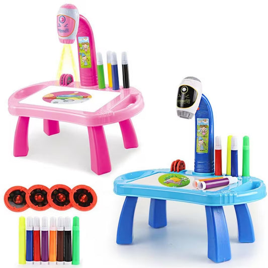 Children's art desk set with markers and electronic devices on a white background