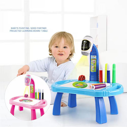 Child playing with a colorful learning table set on a white background