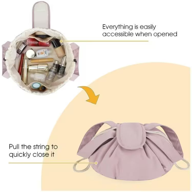 Purple drawstring bag with cosmetic items and text on a beige background