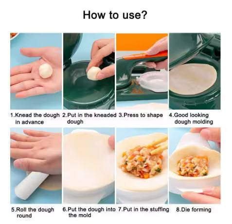 Step-by-step guide on how to use a dough shaping tool with images of hands performing each step.